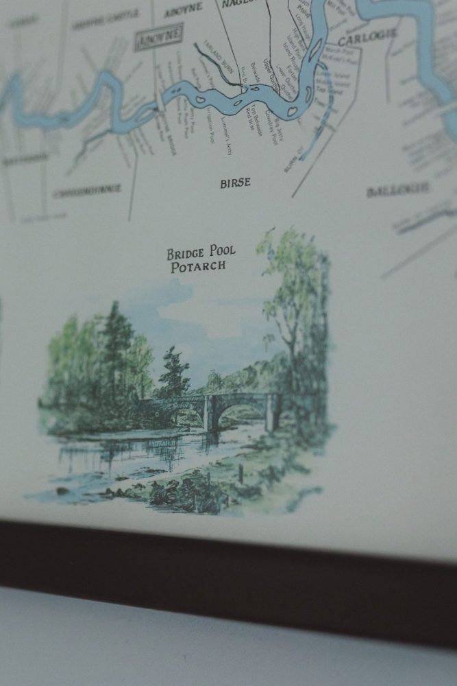 Fishing map print showing Ballogie fishing beat pool names and an illustration of the Bridge Pool at Potarch Bridge